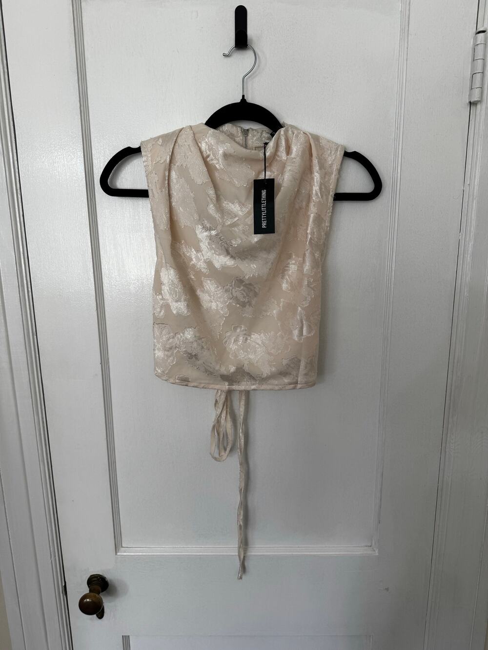 NWT PrettyLittleThing Cream Floral Satin Jacquard Cowl Neck Top